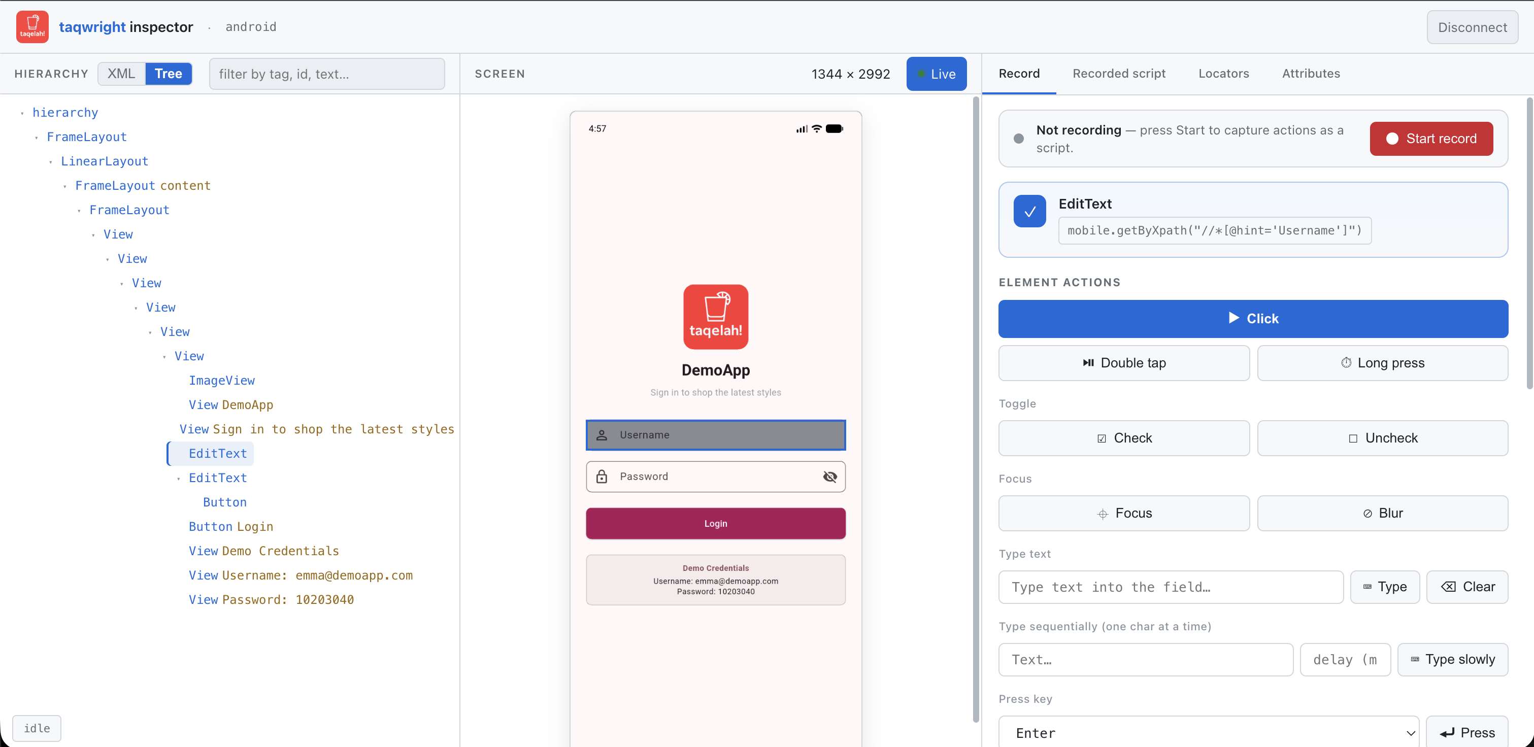 The taqwright codegen UI: a live device screen flanked by the element hierarchy tree and a record panel with element actions, locators, and the recorded script.